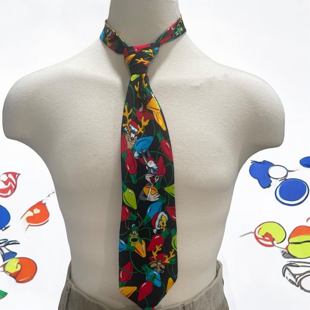 Vtg 1994 Looney Tunes Christmas 100% Silk Tie Bugs Tweety Taz‎ Holiday Festive